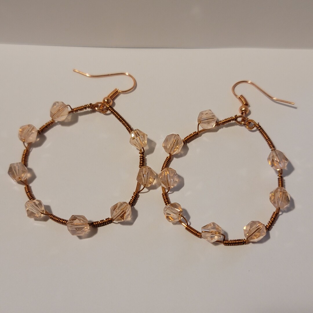 Copper Hoop Earrings with Pink Crystal Beads Wire Wrapped